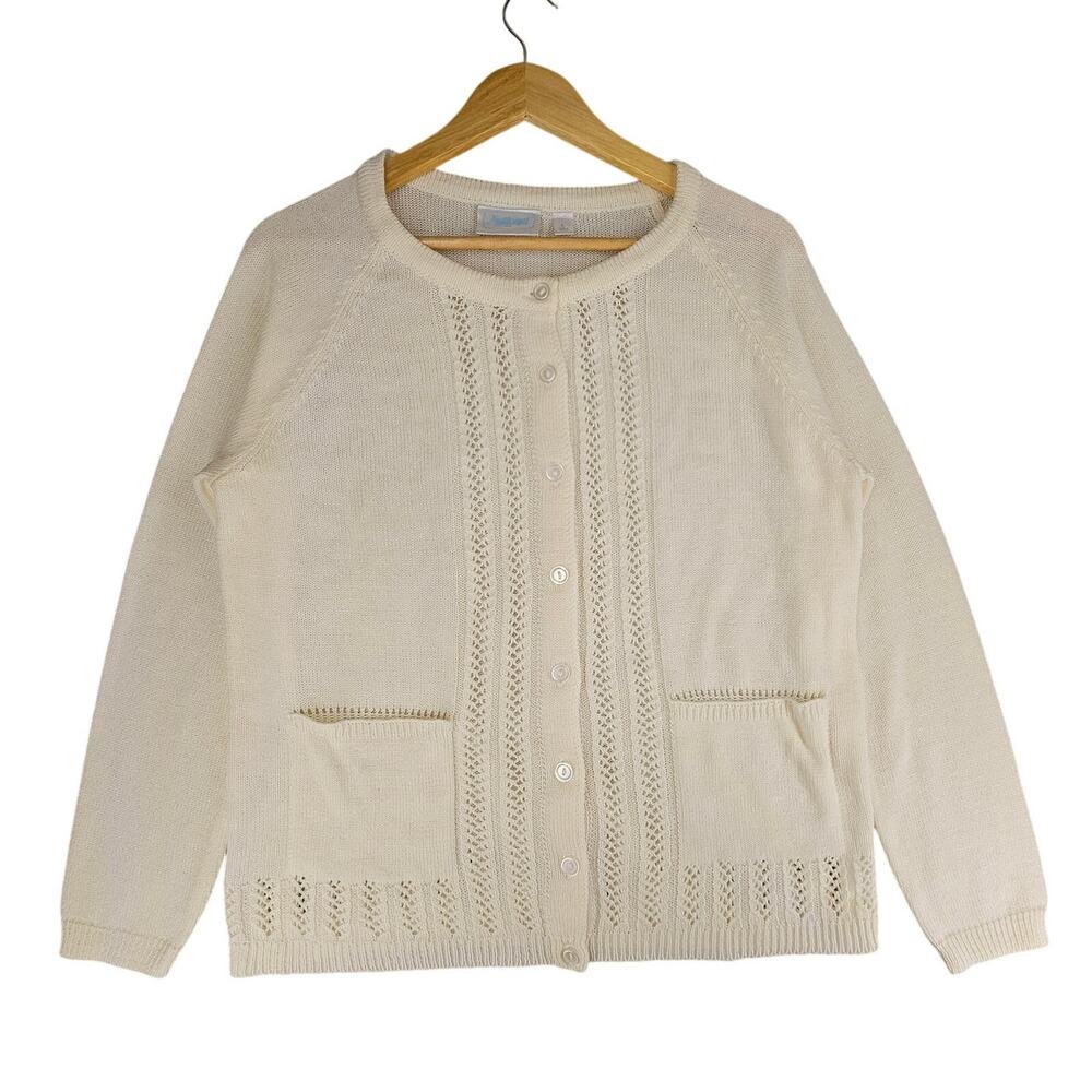 NATIONAL WOMENS VINTAGE CABLE KNIT CREAM CARDIGAN SWEATER SIZE LARGE